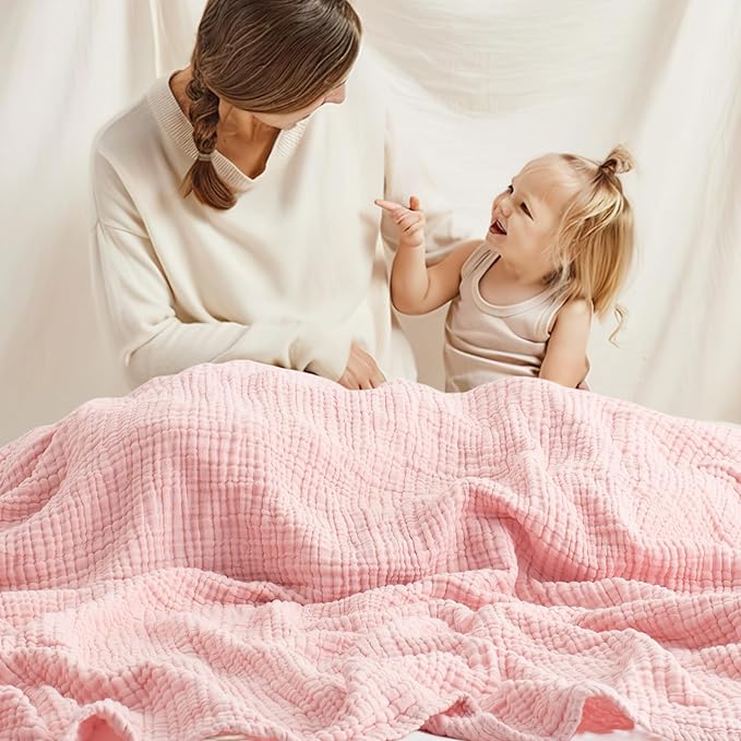 Carriediosa 100% Cotton Muslin Throw Blanket 66" X 90" Twin XL Size，4-Layers Summer Gauze Throws for Bed Couch，Soft Lightweight Breathable Linen Blankets Bedspread for Adults All Season，Dusty Pink
