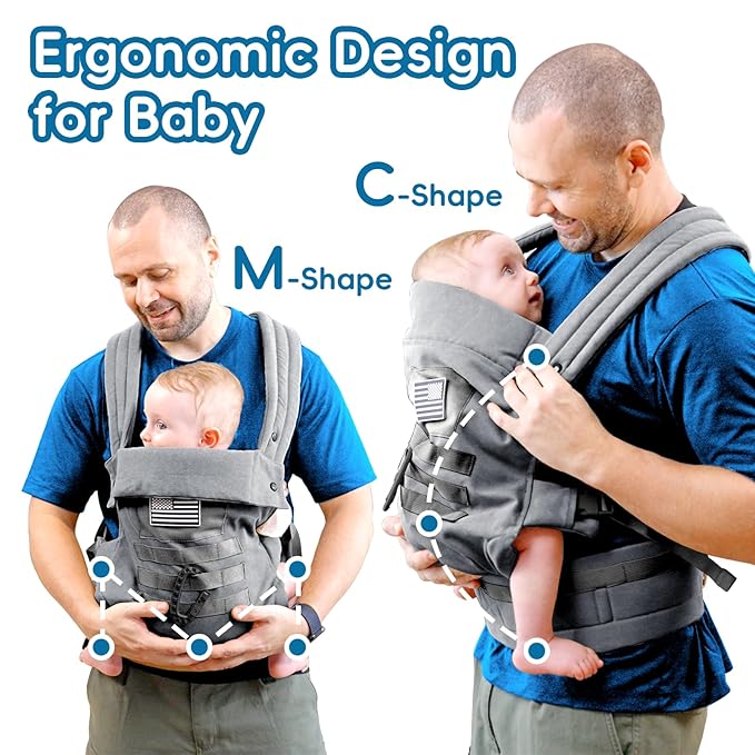 Baby Carrier, Lumbar Support Infant Carrier (0-36M, 8-33 lbs) with Foldable Headrest Carabiners for Big and Tall Parents, Men, Women, Grey