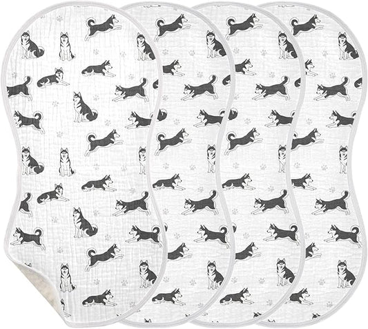 Qinllo 4 Pack Muslin Burp Cloths Husky Dogs White Cotton Baby Burp Cloths Absorbent Burping Cloth Soft Spit Up Rags for Newborn Baby Boys Girls 22x11 Inch