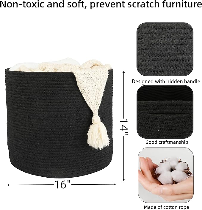 Cotton Rope Basket For Girls Boys Kids 16”X14” Baby Laundry Basket Nursery Bin Round Woven Baskets Organizer For Storage Toys Blankets Shoes Clothes black