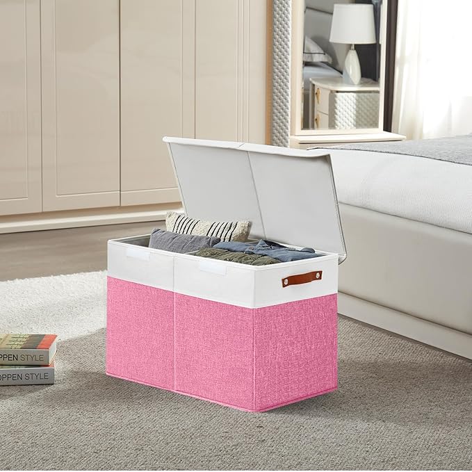 Large Toy Storage Box with Lids, Collapsible Sturdy Baby Storage Organizer Chest Bin Basket for Kids, Boys, Girls, Playroom, Nursery, Bedroom, Closet 25"x13"x16" (Pink and White)