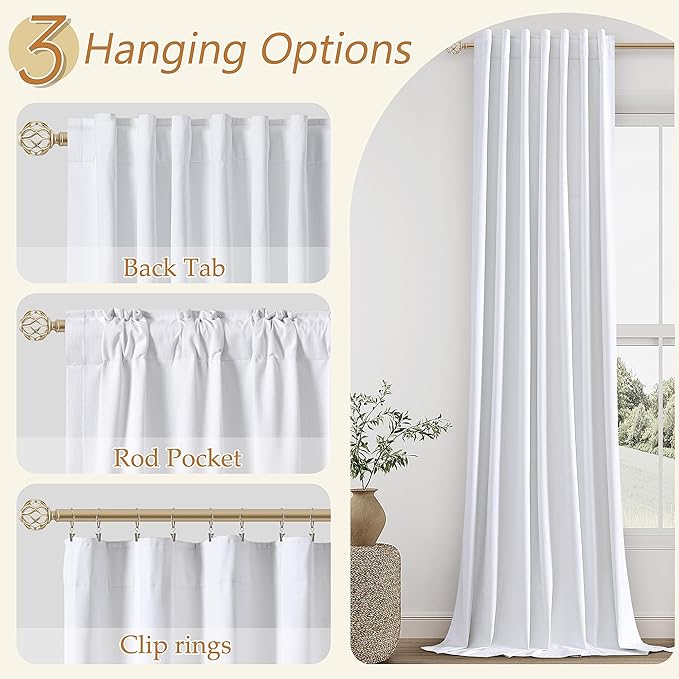 Guken White 100% Blackout Linen Curtains 52 Inch Wide by 142 Inch for Living Room Bedroom Back Tab Thermal Insulated Black Out Linen 2 Drapes Room Darkening Window Curtains