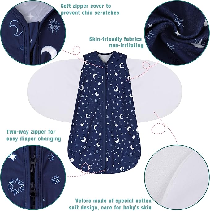 BSTOPPT Newborn Sleep Sack Baby Swaddle,0-3 Months,3-Way Adjustable Wearable Blanket,100% Rayon Cotton Swaddling sleeping bag，TOG 0.5（Clouds&Starry Sky）