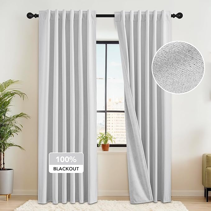 RYB HOME 100% Blackout Flax Linen Curtains 90 inches Long, Rod Pocket & Back Tab Light Block and Thermal Isolated Drapes, Suitable for Living Room & Nursery, Set of 2, W52 x L90, Greyish White