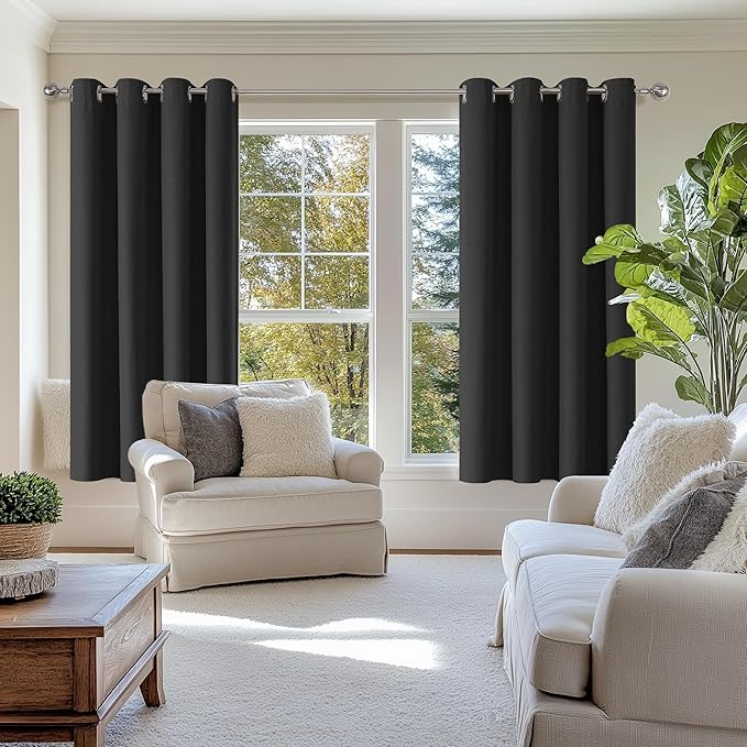 ChrisDowa 100% Blackout Linen Curtains 63 Inches Long 2 Panels for Bedroom Living Room Farmhouse Room Darkening Thermal Insulated Soundproof Grommet Top Window Treatment Drapes(52x63,Black)