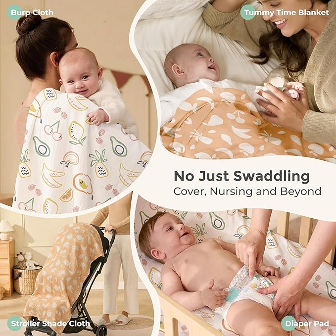 Momcozy Muslin Swaddle Blankets, Ultra Soft Neutral Registry Essentials, 47'' x 47'' Breathable Large Receiving Blanket, Newborn Essentials Must Haves, Baby Boys Girls Shower Gifts, Fruits Party