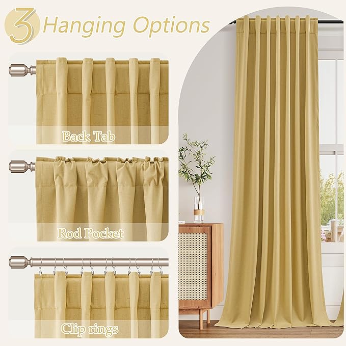 Guken 100% Blackout Curtains 96 Inch Length 2 Panels Set for Living Room Bedroom Back Tab Thermal Insulated Black Out Linen Drapes Room Darkening Window Curtains 96 Inches Long,Gold Yellow