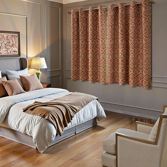 ColorBird Blackout Thermal Curtains for Winter Insulated Burnt Orange Block Print Floral Patterned Farmhouse Vintage Drapes 63 Inch Drapes for Bedroom Living Dining Room Window Treatments