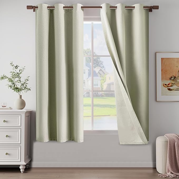 100% Blackout Linen Textured Curtains 64 Inch Length 2 Panels Set for Farmhouse, Cottage, Light Weight Curtains with Grommets Top, Full Blackout Curtains Privacy Protection, Beige, 37" W x 64" L
