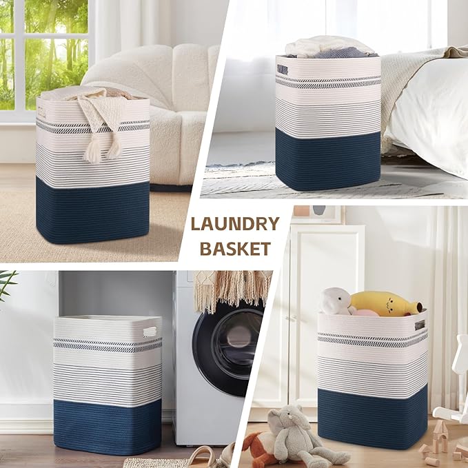 Laundry Basket, Large Woven Rope Tall Laundry Basket with Handles, Decorative Storage Basket for Clothes and Blankets in Living room, Bedroom
