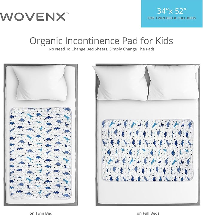WOVENX Organic Incontinence Pads for Kids & Toddlers - 5 Layer Waterproof Protectors for Overnight Bed Wetting - Reusable & Washable Pee Pads - Fits Twin to Full Size Beds - 34" x 52" Dinosaur