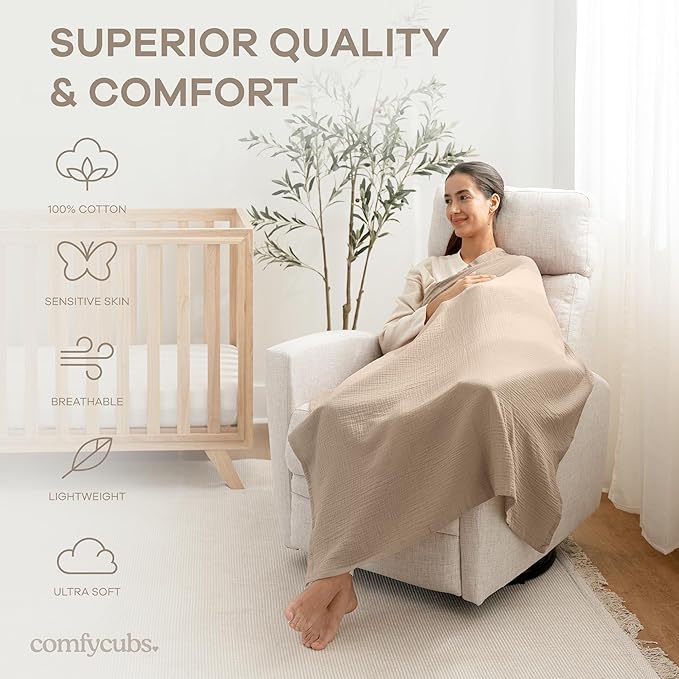 Comfy Cubs Muslin Swaddle Blankets Pack of 3, 42 x 42 Inch Soft 100% Cotton Baby Blanket Set, Large Wraps for Newborns - Self-Soothing Swaddles for Newborns - Sand, Cedar, Caramel