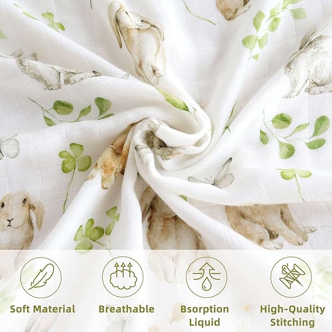 LifeTree Baby Swaddle Blankets, Boys Girls Muslin Swaddling Wrap Receiving Blanket for Newborn, 70% Viscose from Bamboo and 30% Cotton, Large 47" x 47", Rabbit and Grass Green Pattern