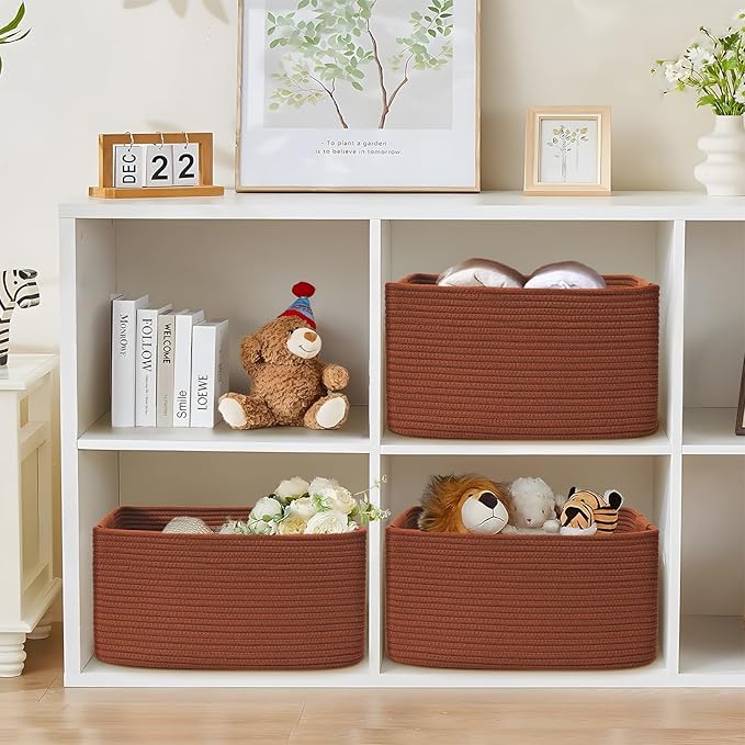 3 Pack Large Storage Basket for Organizing, 17.5"x13.5"x7.5" Woven Basket for Shelves, Closet Cube Storage Bins with Wrapped Handle, Cotton Rope Baskets for Kitchen, Clothes, Toys(Oxide Red)