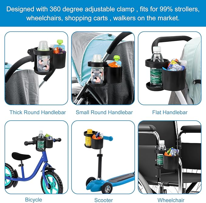 Accmor Stroller Cup Holder, Universal Cup Holder, Bike Cup Holder, 360° Rotatable Expandable Drinks Holder for Stroller, Bike, Wheelchair, Walker