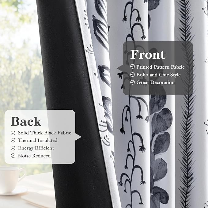 MEETSKY Boho Blackout Leaves Patterned Curtains 95 Inch Long 2 Panels Set for Bedroom, Room Darkening Dark Grey Drapes for Living Room, Thermal Insulated Rod Pocket Back Tab Window Treatment, 50"Wide