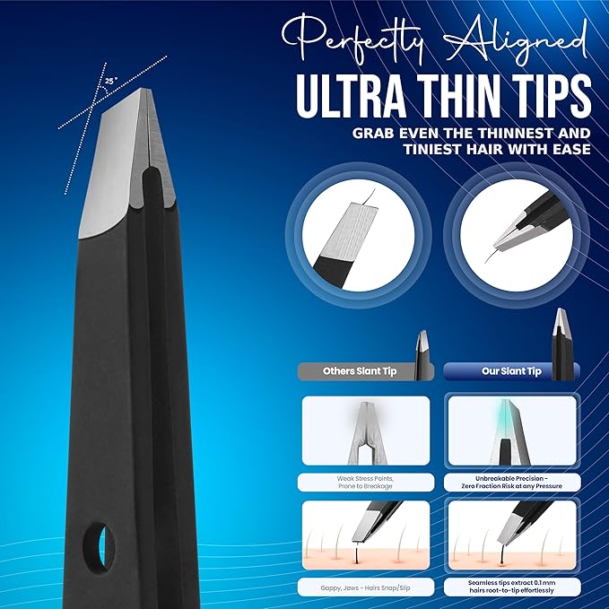 Premium Slant Tip Tweezers – Handmade Japanese Stainless Steel, Ultra-Precise Hair Removal Tool for Brows, Ingrowns & Splinters – Ergonomic 9-Hole Grip, Professional Salon Quality (Matt Black)