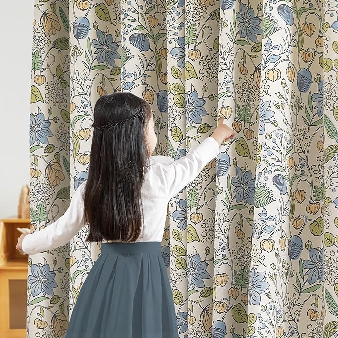 Vangao Blue Nursery Curtains for Kids Room Easter Floral 100% Blackout Curtains 84 Inch Length Farmhouse Drapes for Bedroom Room Darkening Flower Patterned Window Treatment for Kids Set of 2