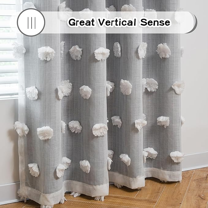 MYSKY HOME 95 Inch Long Living Room Curtains Double Layer Grey Blackout Curtains for Boys Bedroom White Pom Pom Sheer Curtains for Kids Room Darkening Grommet Top Nursery Window Panels 52 x 95 in