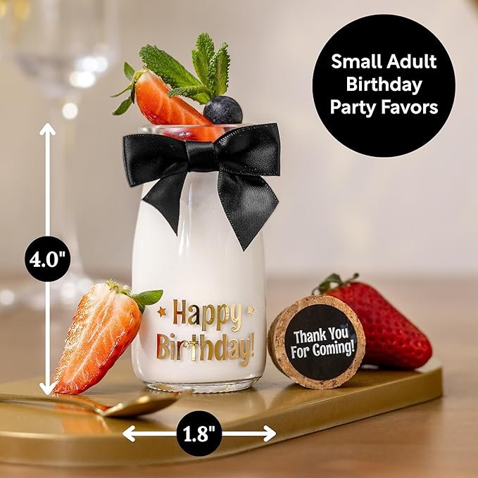 Ethisa Vintage 24 Pack Adult Birthday Party Favors Glass Bottles with Ribbons and Stickers - Classy Happy Birthday Favors and Table Centerpieces Decorations - Sturdy Candy Jar for Guests