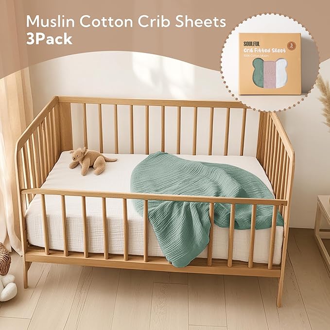 SOULFUL Muslin Crib Sheets for Boys Girls, 3 Pack Soft and Breathable Cotton Fitted Crib Sheets for Standard Crib Mattress (28"x 52", White & Dusty Rose & Green)