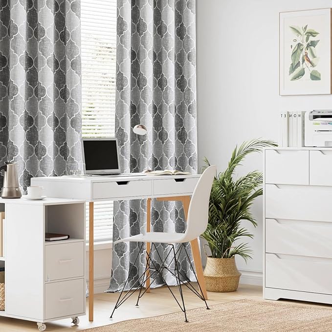 Full Blackout Curtains 84 Inches Long 2 Panels Gray Moroccan Lattice Patterned Drapes Room Darkening Thermal Insulated Grommet Top Window Treatments Sets for Bedroom Living Room, 52" W