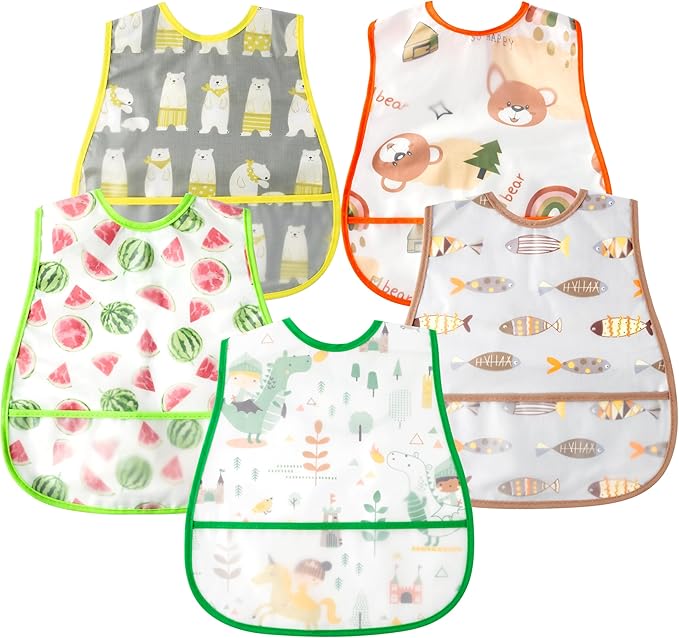 R HORSE 5Pcs Baby Bibs Set Toddler Bibs with Crumb Catcher Pocket & Snap Button Waterproof Baby Feeding Bibs for 6-24 Months