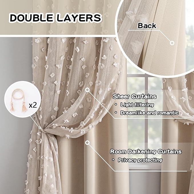 MYSKY HOME Beige Boho Curtains for Living Room 84 Inches Long Blackout Bohemian Curtains 2 Panels Beige Pom Pom Sheer Thermal Insulated Rustic Grommet Privacy Room Darkening Window Drapes 52" x 84"