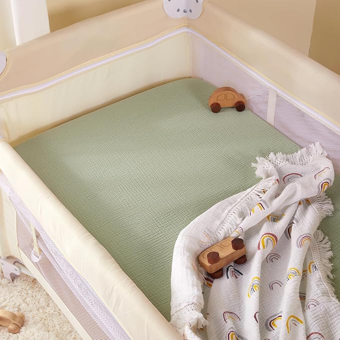TILLYOU Muslin Mini Crib Sheets 2 Pack, Pack and Play Mattress Sheets Fitted for Pack N Play, 38 x 26 Sheet for Toddler, Dinosaur