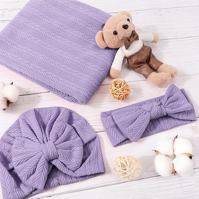 BQUBO Baby Swaddle Blankets for Girls, 4PCS Newborn Accessories Set with Matching Hat and Bow Headband with Hello World Wooden Birth Announcement Card, Baby Blankets for Girls (Purple)
