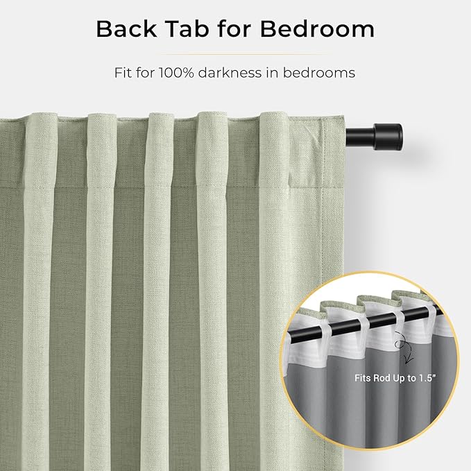 INOVADAY 100% Blackout Curtains for Bedroom, Black Out Curtains 96 Inch Long, Clip Rings Linen Blackout Drapes, Thermal Insulated Room Darkening for Living Room, 2 Panels - Sage,W50xL96