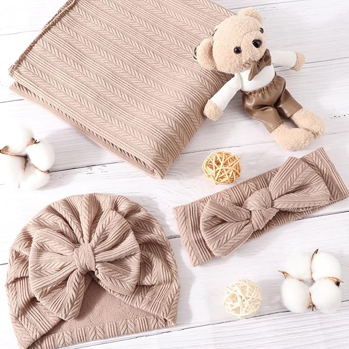 DRESHOW BQUBO Baby Swaddle Blankets for Girls, 4PCS Newborn Accessories Set with Matching Hat and Bow Headband with Hello World Wooden Birth Announcement Card