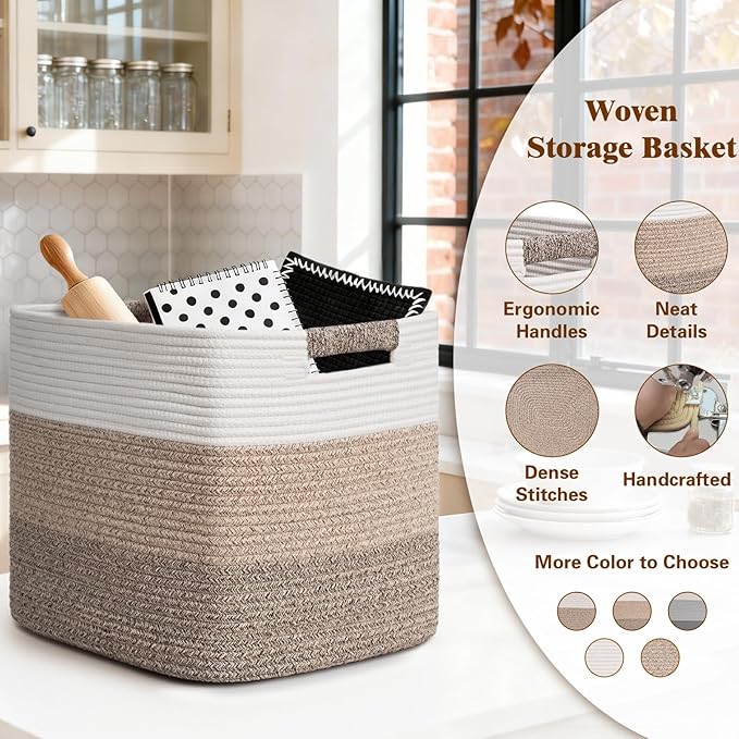 15×13 Inch Storage Cubes, 3 Pack Cube Storage Bins for Organizing, Cotton Rope Woven Baskets for Shelves, Bathroom, Kids Room, Closets, Baby Nursery