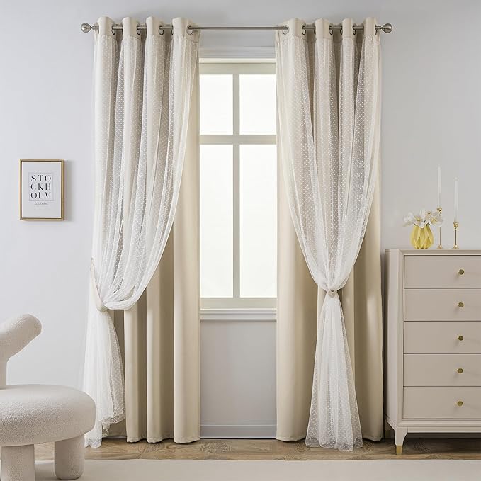 MYSKY HOME Beige Curtains for Bedroom Elegante Modern Nursery Kids 70% Blackout Cream Curtains 63 inch Long with Sheer Overlay, Grommet Tops, 52" Wide Each Panel, 2 Panels