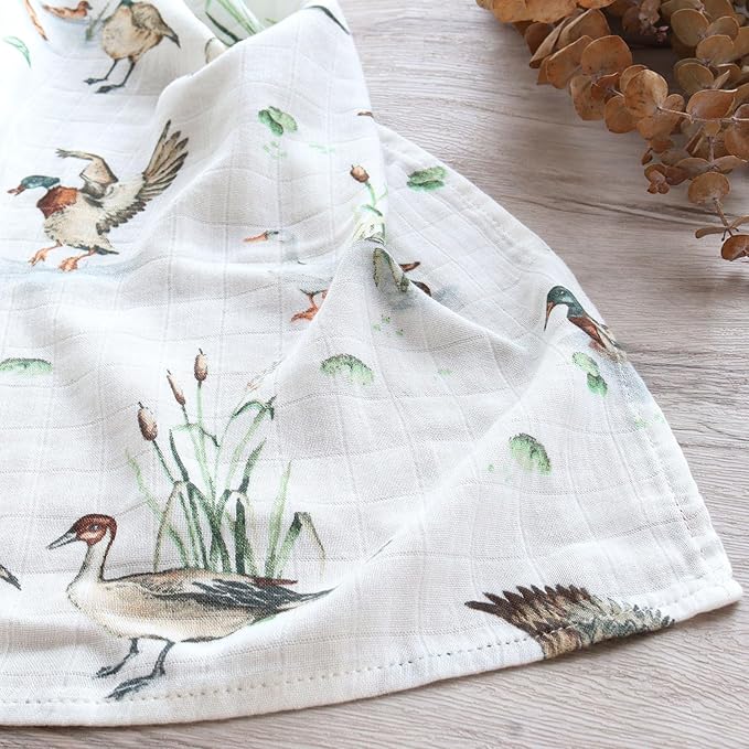 LifeTree Baby Swaddle Blankets, Muslin Swaddle Blankets Boys Girls Swaddling Wrap Receiving Blanket for Newborn, 70% Viscose Bamboo and 30% Cotton, Large 47" x 47", Mallard Duck Pattern