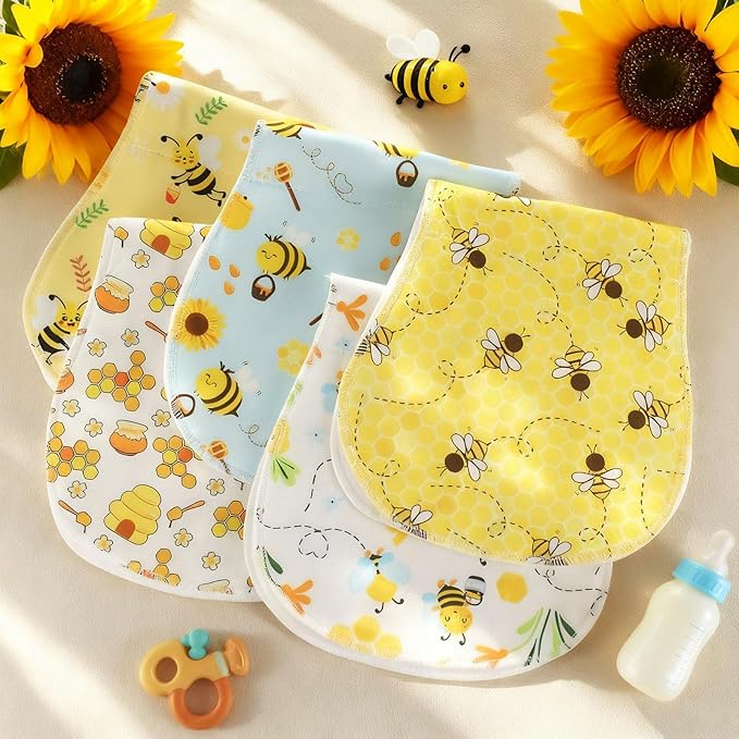SmoothNovelty 5 Pack Bee Pattern Baby Burp Cloths Soft Absorbent Burping Rags for Newborns 19"x9" Spit up Cloths for Boy Girl Newborn Baby Shower Registry Gifts Set Nursery Decor
