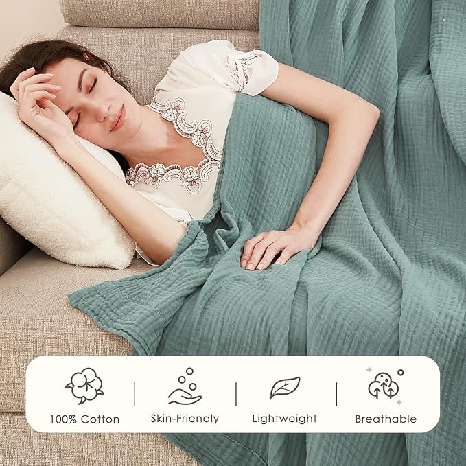 EMME Muslin Twin Blankets for Couch Breathable Gauze All Season Soft and Lightweight Pre-Washed Cotton Blanket (Teal, 60"x80")
