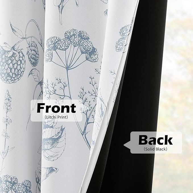 FMFUNCTEX 100% Blackout Floral Curtains 96 Inches Long for Bedroom, Blue and White Floral Drapes for Living Room, Farmhouse Rod Pocket Back Tab Room Darkening Thermal Insulated Window Drapes 2 Panels