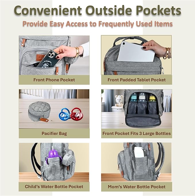 Baby Diaper Bag Backpack - Large Sturdy Bag for Boys & Girls, Changing Pad & Pacifier Case, Large Capacity, Insulated Pockets, Waterproof, Stroller Straps & Carry-on Straps, Unisex - Grey