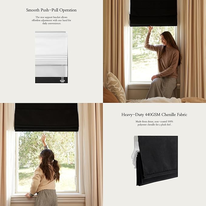 Blackout Roman Shades Cordless for Windows, Pull Down Window Shades Blinds with Heavy 430GSM Chenille & White Backing & Thermal Insulated & Hidden Cords, 29x36 Inches (Mottled Black)