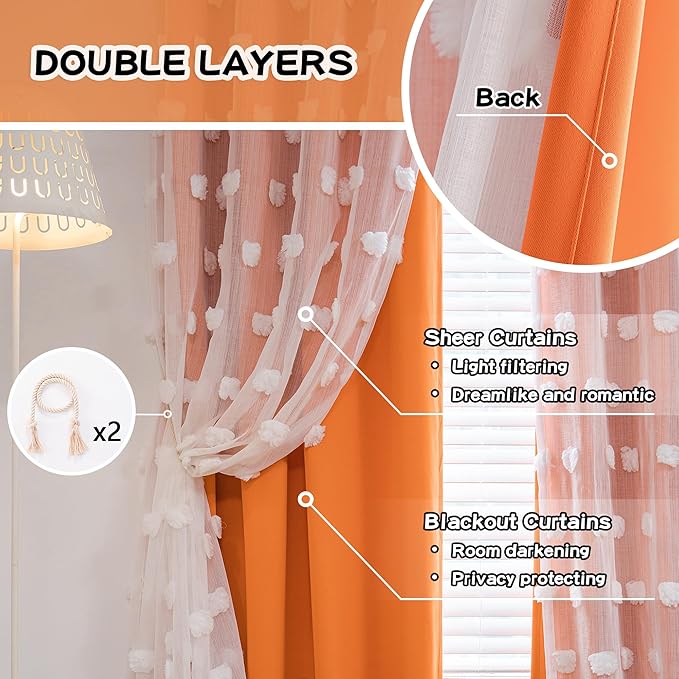 MYSKY HOME Orange Curtains 90 Inch Long for Living Room Nursery Curtains for Bedroom Double Layer Curtains White Pom Pom Sheer Curtains for Dining Room Grommet Room Darkening Window Panels 52" x 90"