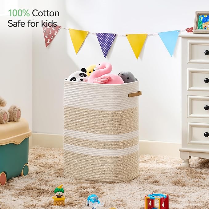 Laundry Hamper,Laundry Basket with Leather Handles,Woven Storage Basket for Toys,Pillows,Blankets,Clothes,Brown&White