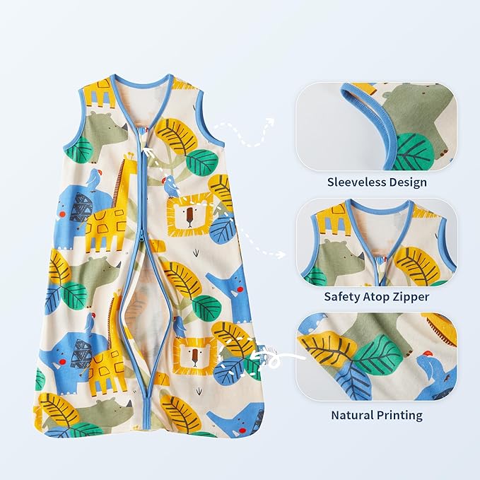 TILLYOU 2 Pack Baby Sleep Sack 12-18 Months 100% Cotton Wearable Blanket 0.5 TOG Sleeveless Summer Sleep Sacks with 2-Way Zipper, Animal Geometry & Blue