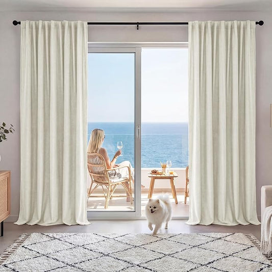 RYB HOME Cream Beige Linen 100% Blackout Curtains for Bedroom W52 x L102, Linen Blackout Curtains Privacy Assurd& Thermal Insulated for Sliding Door/Living Room/Nursery, 2 Panels