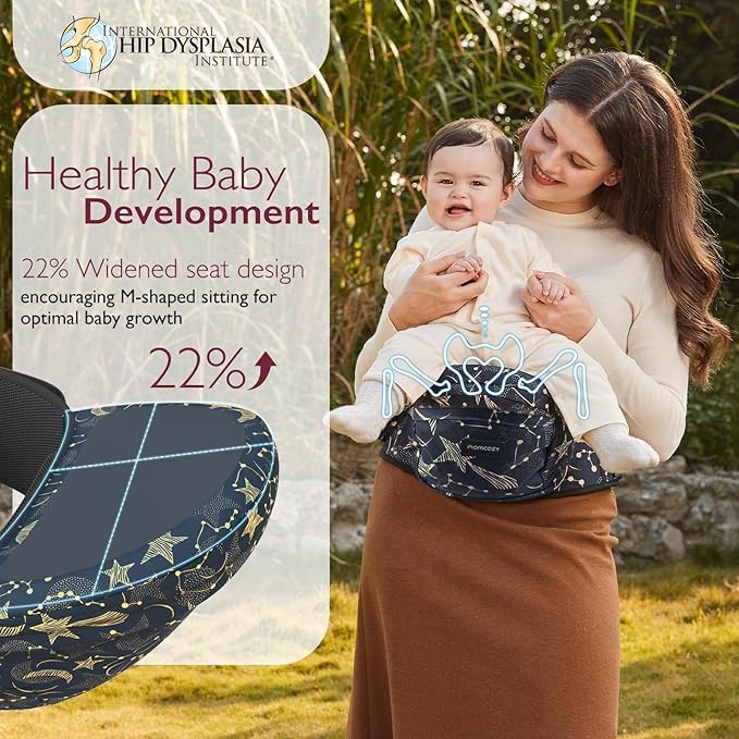 Momcozy Hip Seat Baby Carrier - Adjustable Waistband with Original 3D Belly Protector, Ergonomic Carrier with Various Pockets for Newborns & Toddlers up to 45lbs (Starry Sky, Medium)