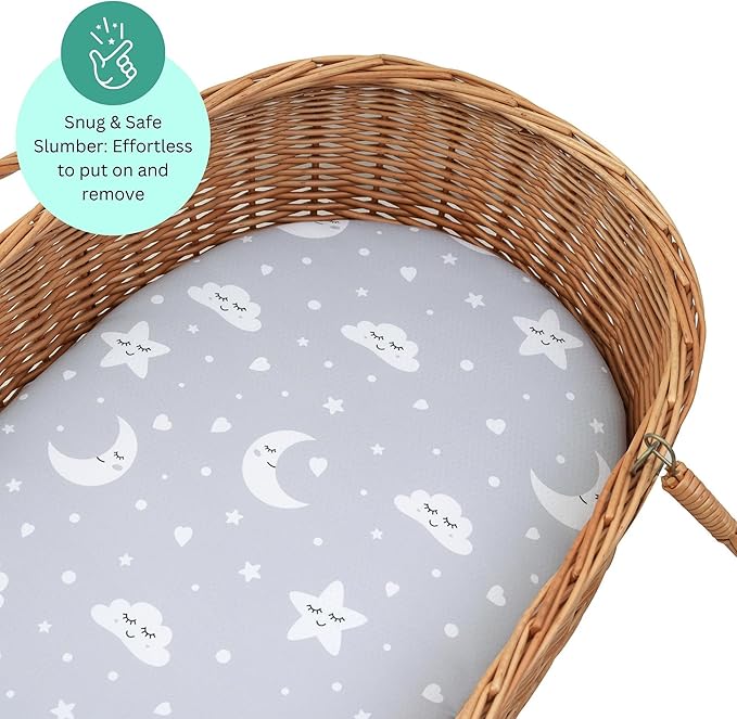 Bassinet Sheets for Dream On Me Karley, Lacy, Poppy, Chicco LullaGlide, Ingenuity Foldaway Rocking, Safety 1st Nap and Go, 3 Pack, 33 x 17, Ultra Soft, Unisex Boys Girls, Gray (Moon, Stars, Clouds)