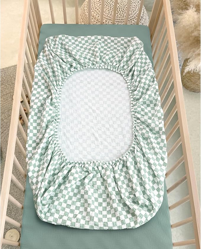 lulumoon Baby Muslin Crib Sheets: Soft & Breathable Fitted Crib Sheets for Boys - Green Square Sheets for Standard Crib 2Pack