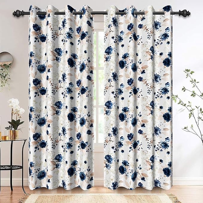 Renaiss Floral Blackout Curtains for Bedroom Pretty Rose Flowers Pattern Curtain & Drapes Thermal Insulated Black Out Curtain for Living Room 53W x 108L inches 2 Panel Set
