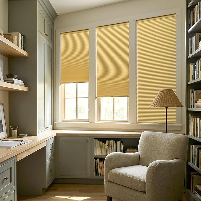 LazBlinds Cordless Cellular Shades, No Tools No Drill Blackout Honeycomb Shades Pleated Blinds for Windows, 43" W x 64" H, Yellowish-Brown
