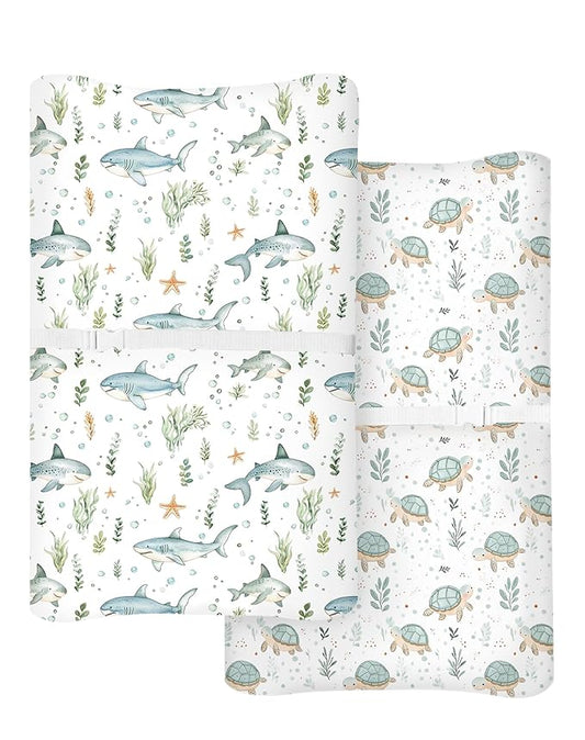 Changing Pad Cover for Baby Boys Girls 2 Pack, Fits Standard 32”×16” Changing Table Pads, Silky Breathable Stretch Knit, Machine Washable (Turtle & Shark)